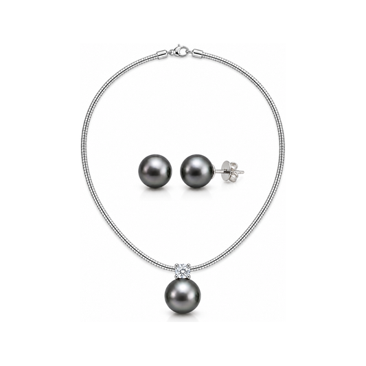 Estelle silver Tahitian grey pendant and earrings set