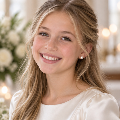 Young girl wearing Vivienne Mademoiselle white pearl studs