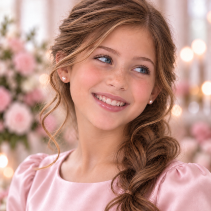 Young girl wearing Vivienne Mademoiselle pink pearl studs