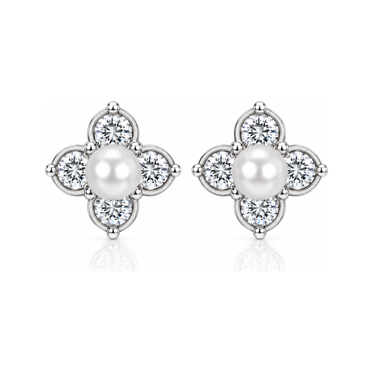Constellation clover pearl stud earrings in silver, front view