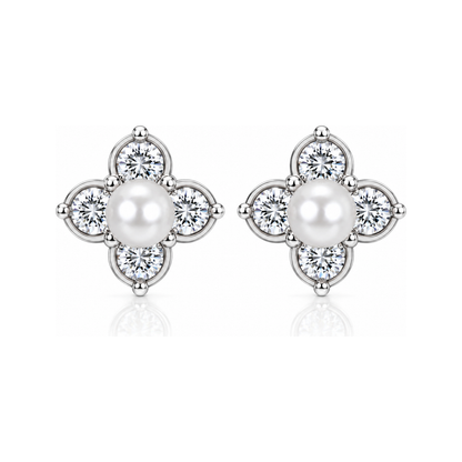 Constellation clover pearl stud earrings in silver, front view