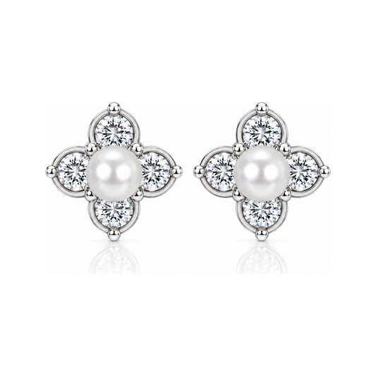 Constellation clover pearl stud earrings in silver, front view