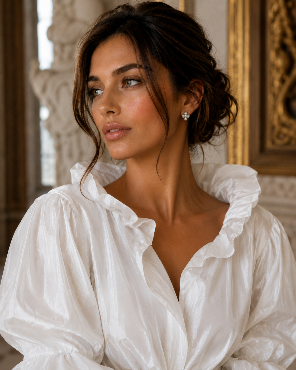 Model wearing Constellation pearl clover stud earrings