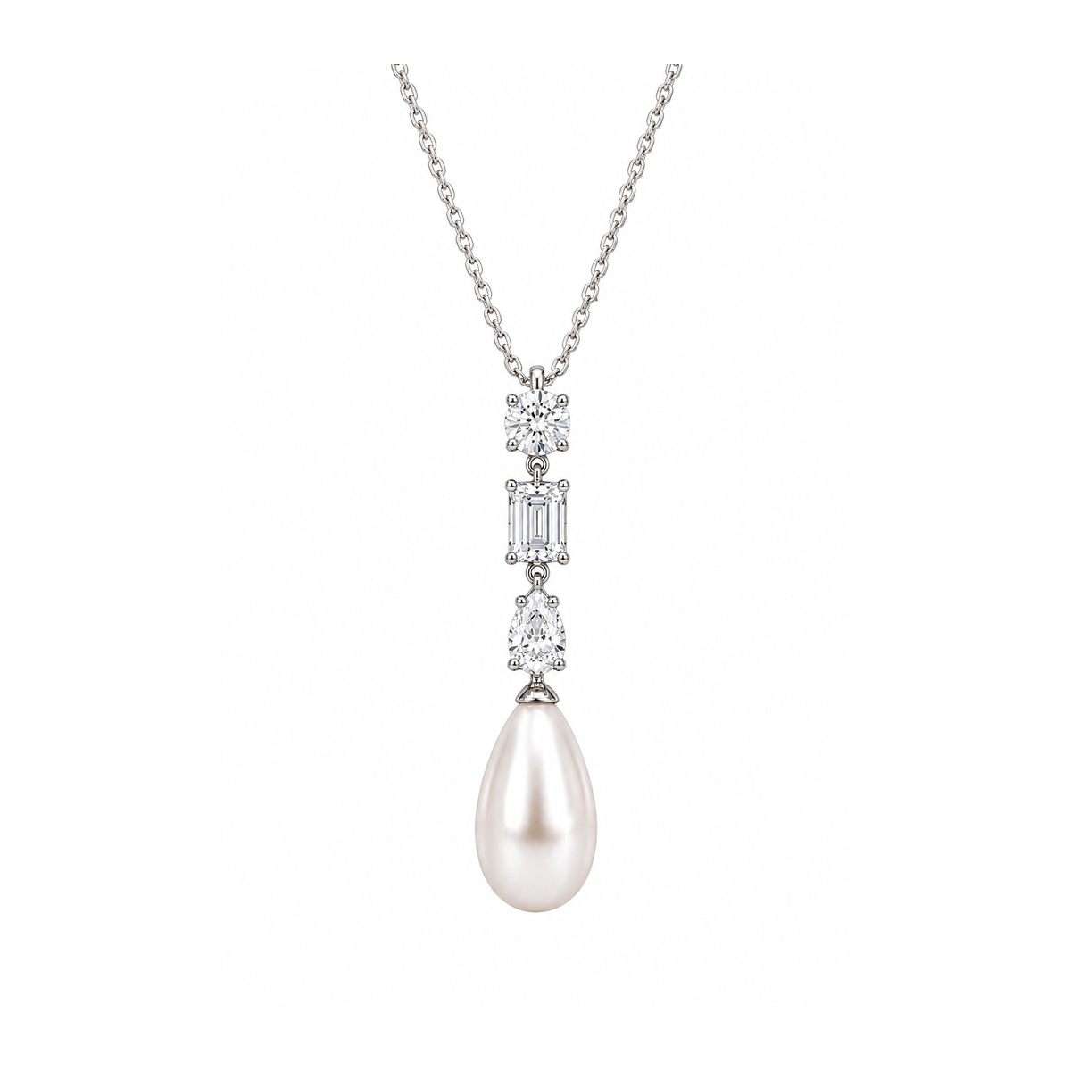 Eclair Pendant - teardrop freshwater pearl below three graduated stones on a sterling silver chain