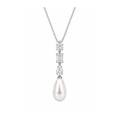 Eclair Pendant - teardrop freshwater pearl below three graduated stones on a sterling silver chain
