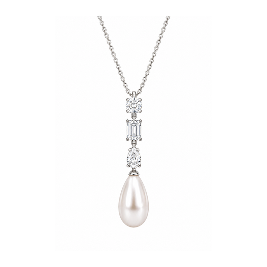 Eclair Pendant - teardrop freshwater pearl below three graduated stones on a sterling silver chain