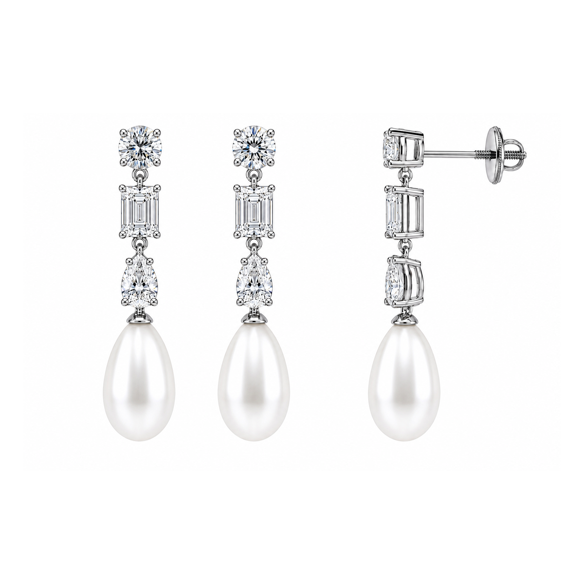 Eclair pearl drop earrings - round, emerald and pear cut stones above a teardrop freshwater pearl in sterling silver