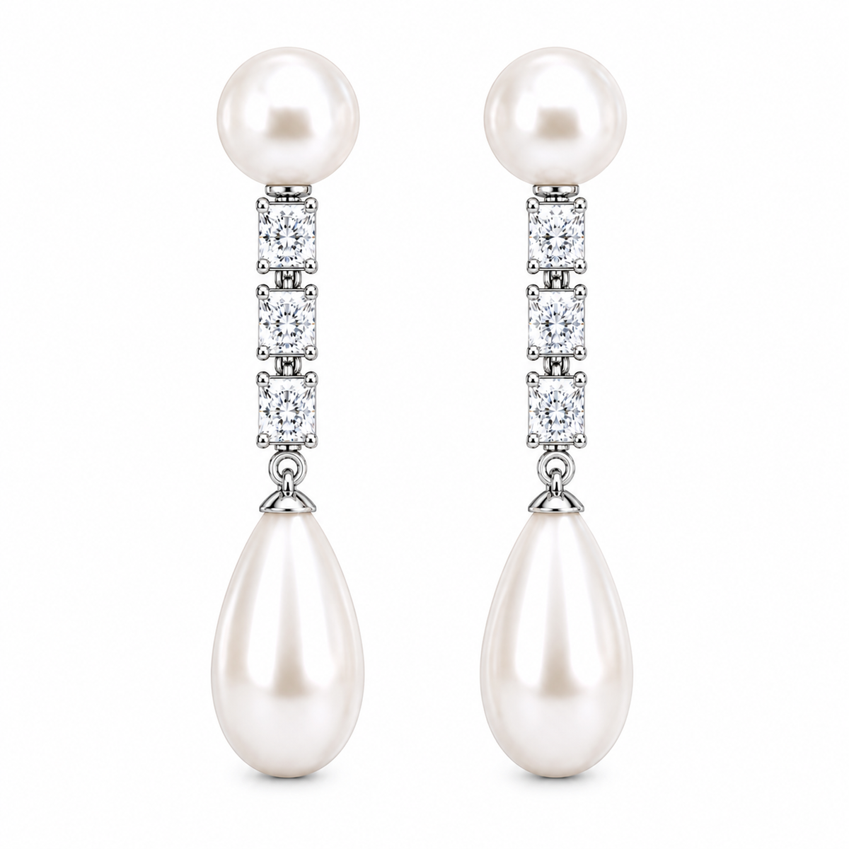 Lunaire pearl drop earrings - round pearl stud, three graduated stones and a teardrop pearl in sterling silver