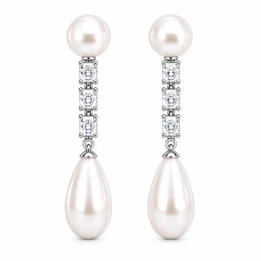Lunaire pearl drop earrings - round pearl stud, three graduated stones and a teardrop pearl in sterling silver