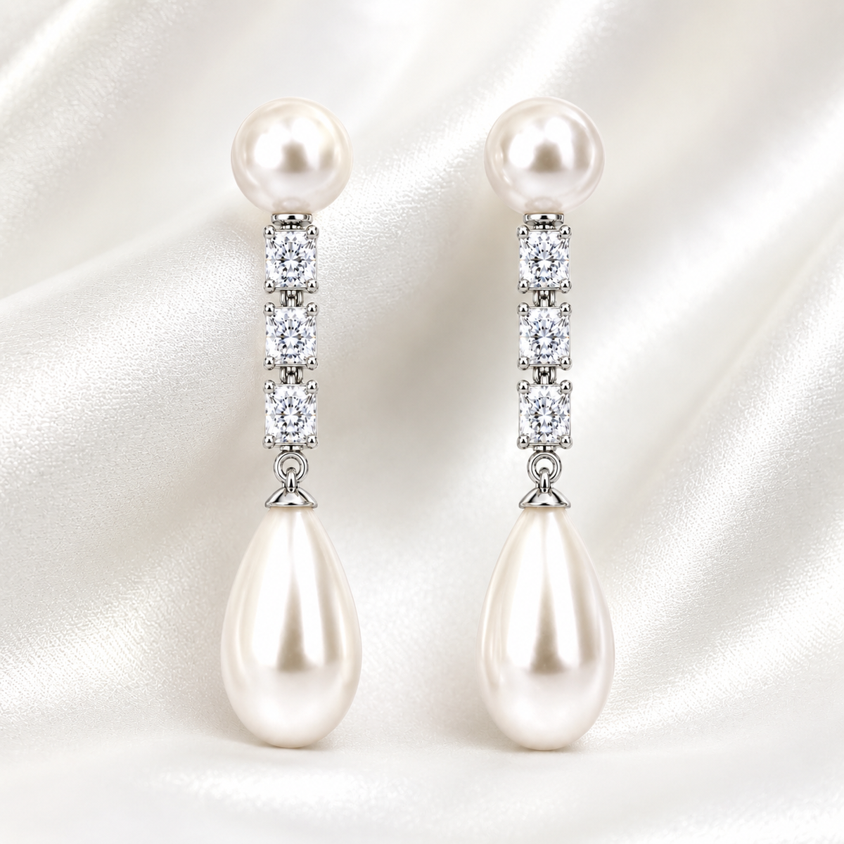 Lunaire pearl drop earrings shown on satin