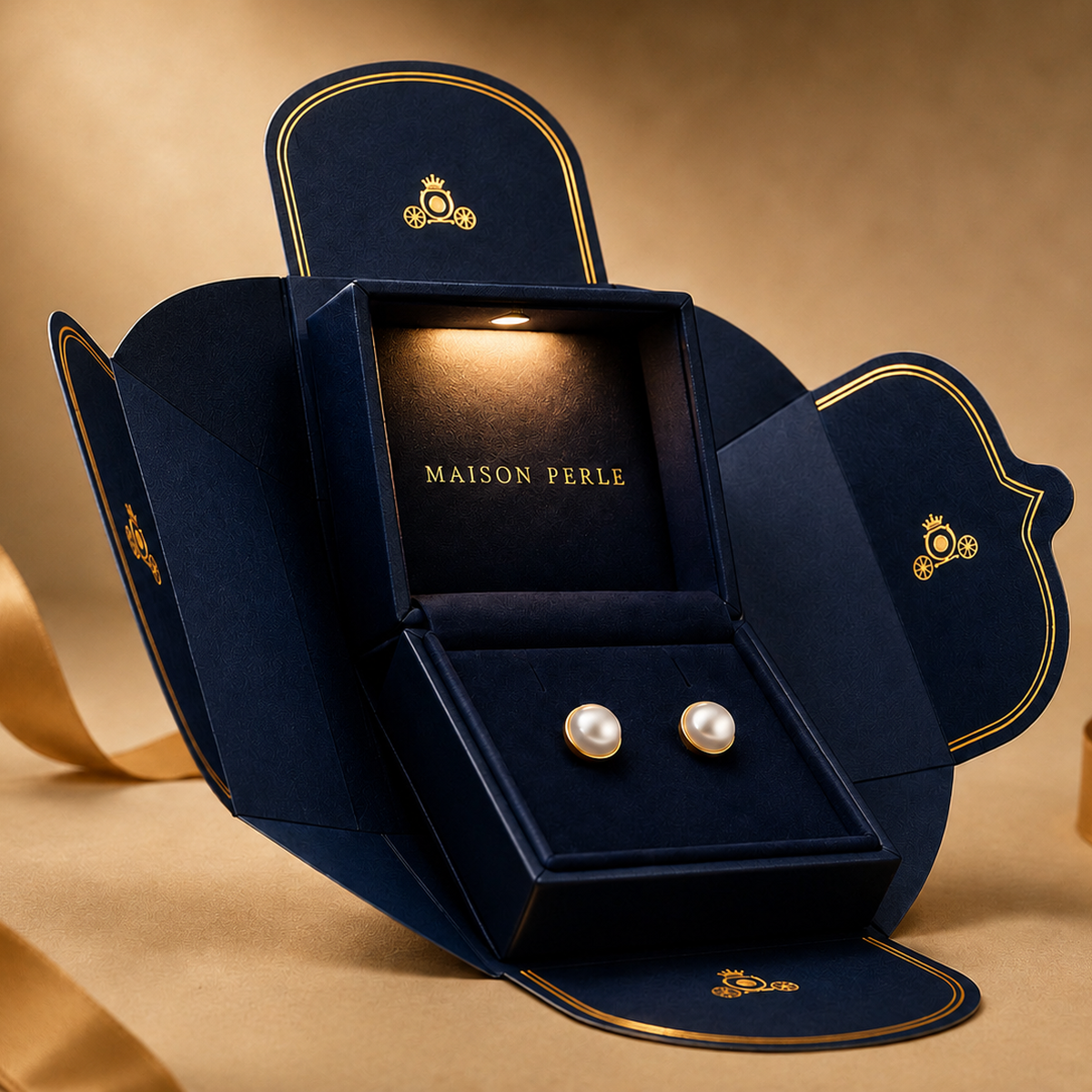 Maison Perle signature illuminated navy gift box, opened to show pearl earrings inside