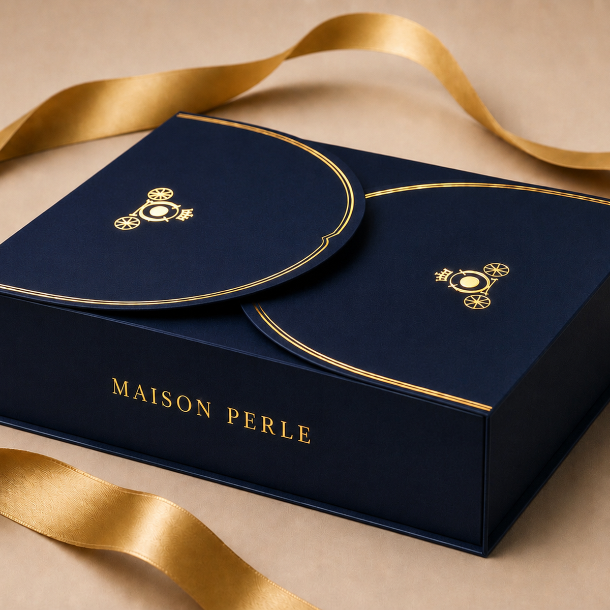 Maison Perle navy blue signature gift box with gold ribbon