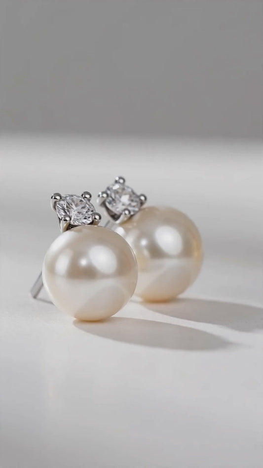 Model wearing Estelle pearl and diamond stud earrings