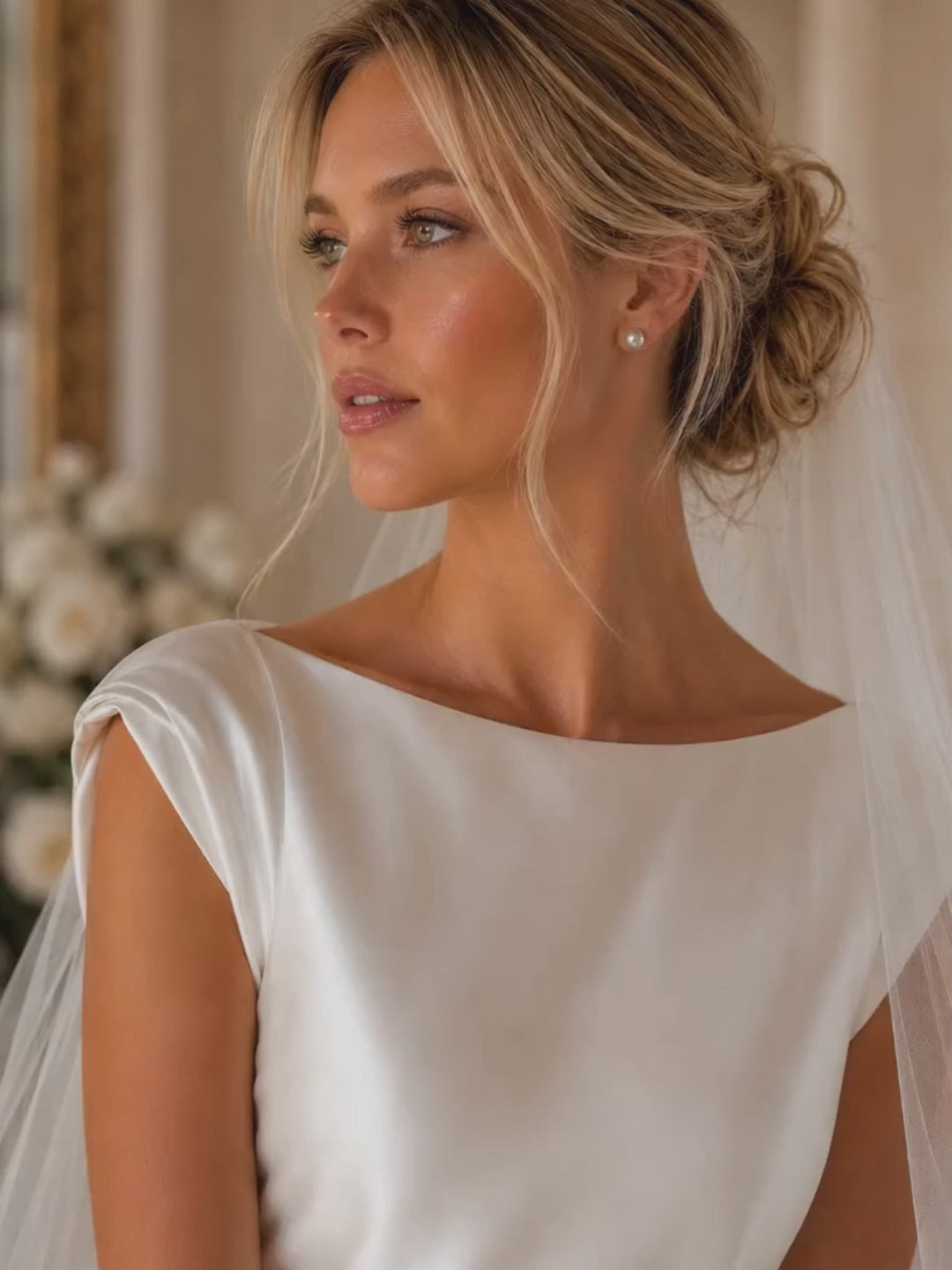 Bride wearing Vivienne pearl stud earrings