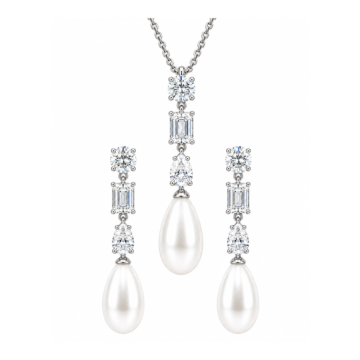 Eclair pearl set - drop earrings and matching pendant necklace in sterling silver