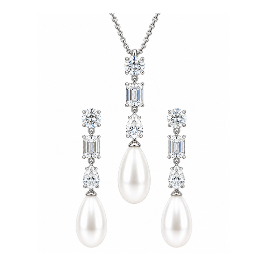 Eclair pearl set - drop earrings and matching pendant necklace in sterling silver