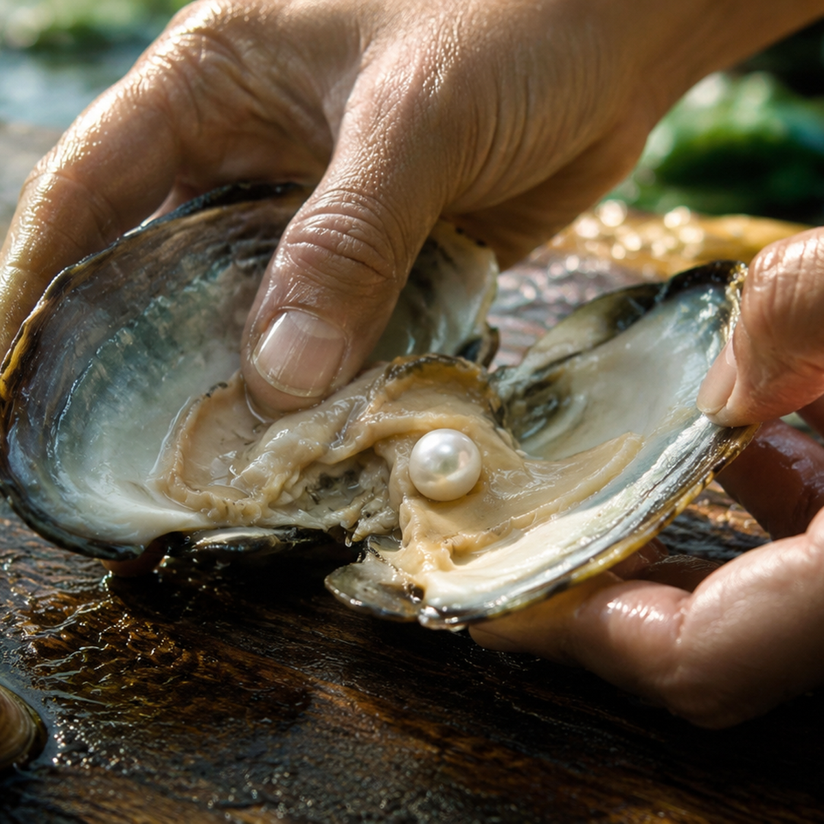 Freshwater pearl inside an oyster