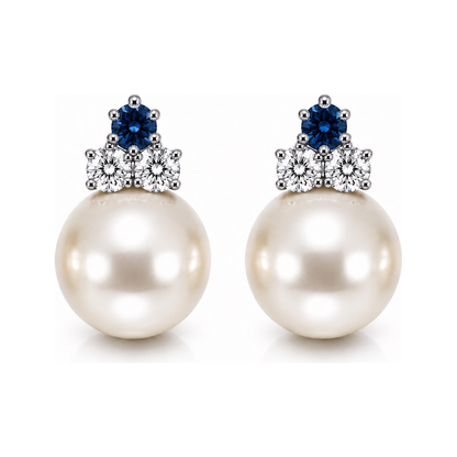 Estelle Tri-Star white pearl and sapphire stud earrings