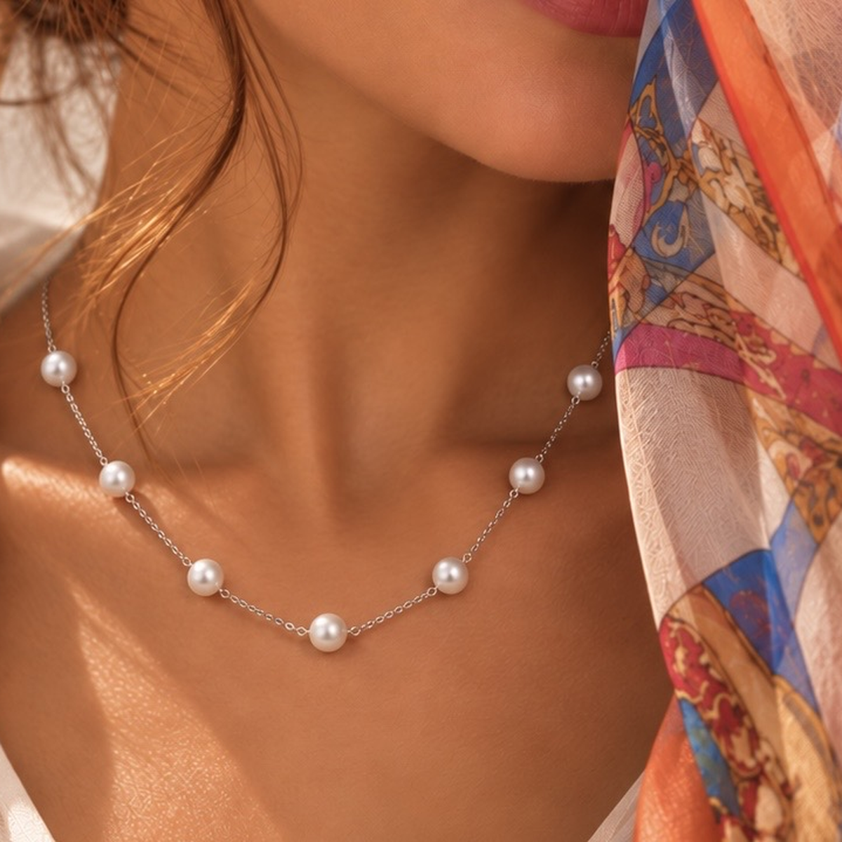 Model wearing Venus pearl necklace